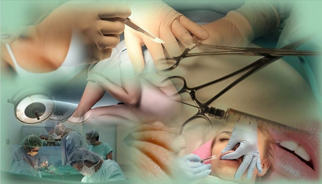 הרצאות אסתטיקה ופלסטיקה. תמונה מחדר ניתוח גוף אישה, מספריים ומזרק וחדר ניתוח.